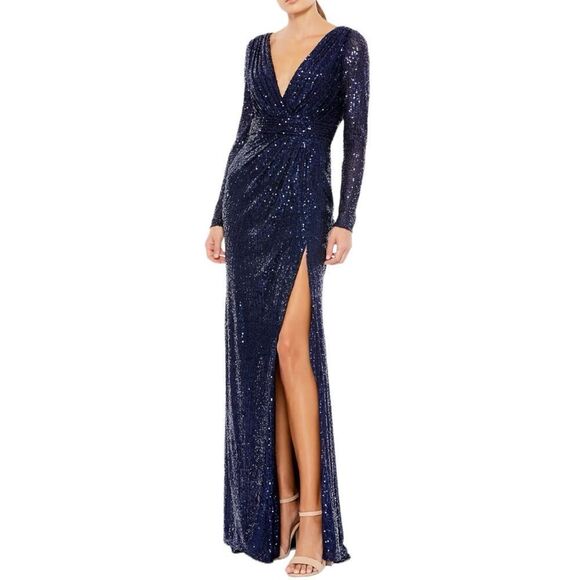 MAC DUGGAL Women’s Sequined Long Sleeves Gown in the Size 12 in Midnight Blue - Picture 4 of 12